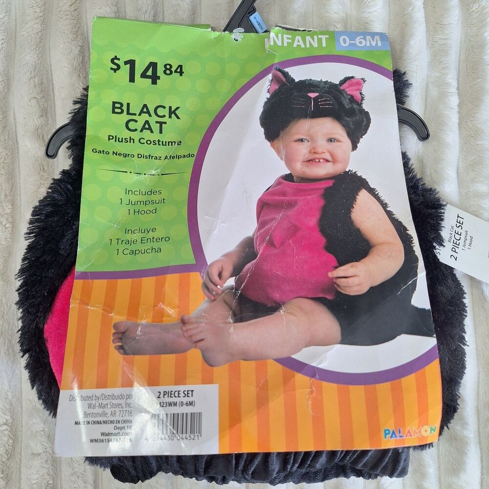 New Infant Baby Girl 's Black and Pink Cat Plush Halloween Costume 2pc Size 0-6M